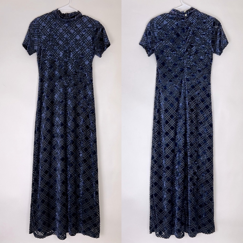 TESSUTO full length dress silk blend velvety blue and black design fully…